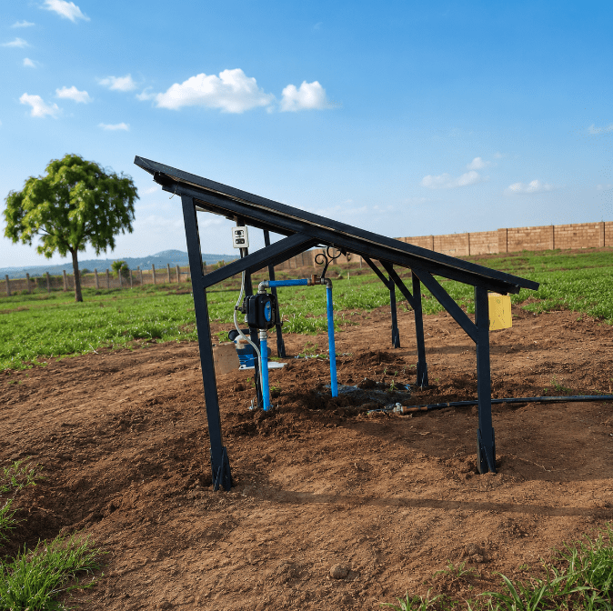 Installazione di un sistema di pompaggio solare SunWave su terreno agricolo, con struttura di supporto per i pannelli e pompa collegata al pozzo